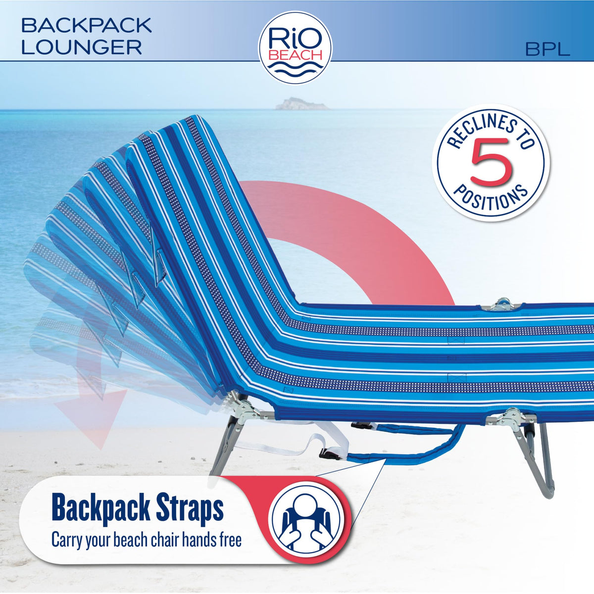 Rio Beach Portable Lay Flat Folding Backpack Beach Lounge Chair with Backpack Straps and Storage Pouch, Blue Stripe