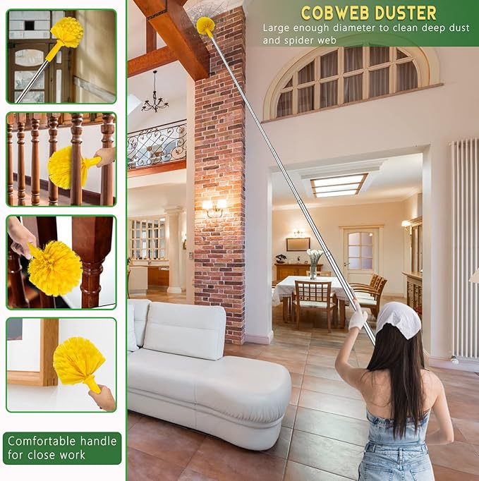 17 Foot High Reach Duster Kit with 2-to-9 Foot Extension Pole, Newliton 3-in-1 High Ceiling Chenille Duster, Microfiber Duster, Cobweb Duster, Indoor & Outdoor Extendable Bendable Duster Cleaning Set