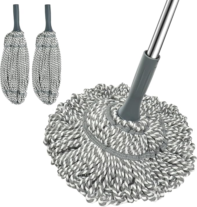 Self Wringing Mop Floor Cleaning, Easy Squeeze Twist Mop, Heavy Duty Wet Mops for Cleaning Hardwood Tile Vinyl Laminate Floors (Gray- 2 Head)