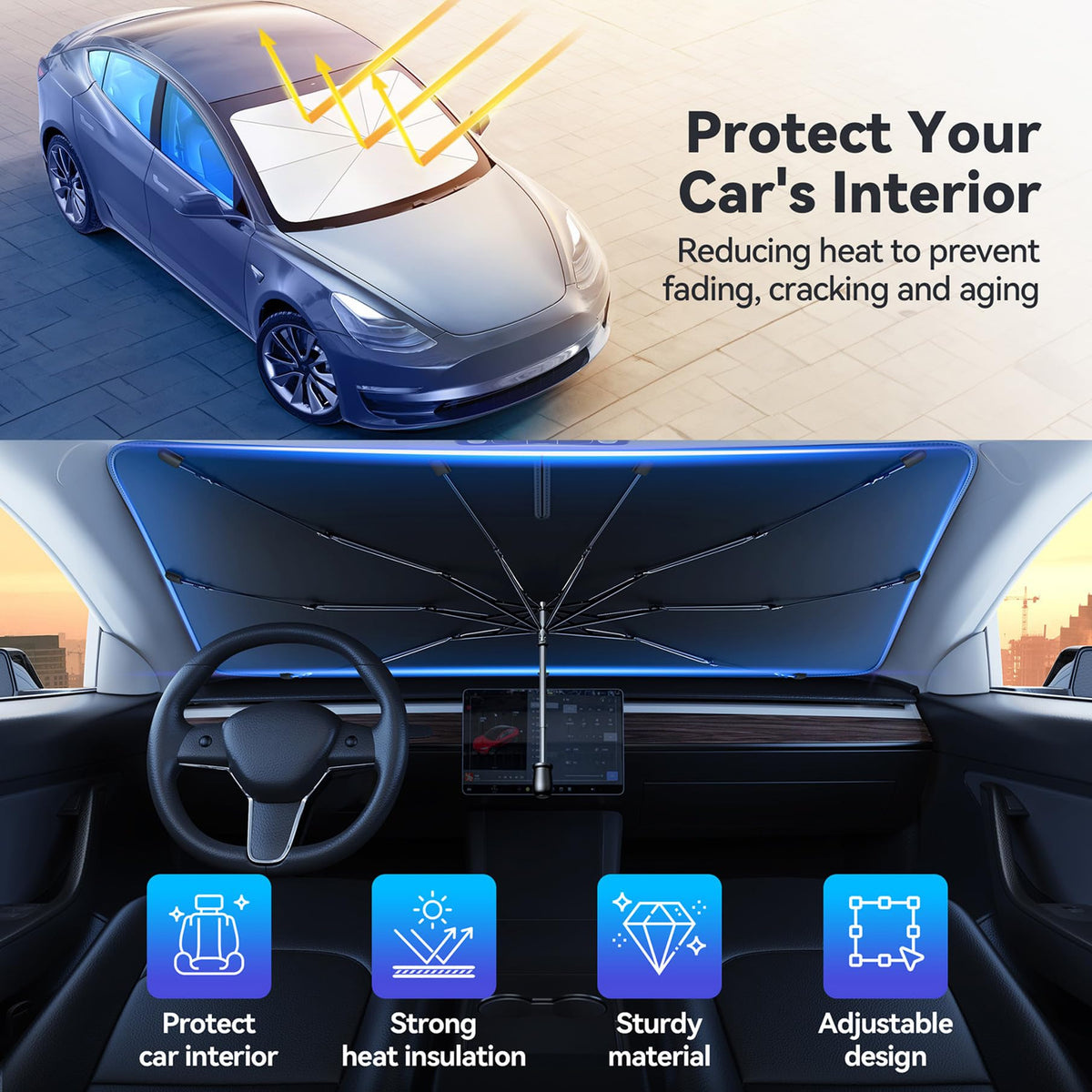 TECKNET Car Windshield Sun Shade Umbrella, Foldable Windshield Sun Shade for Car Block UV Rays and Heat, Adjustable Size (55"x31",47"x25")