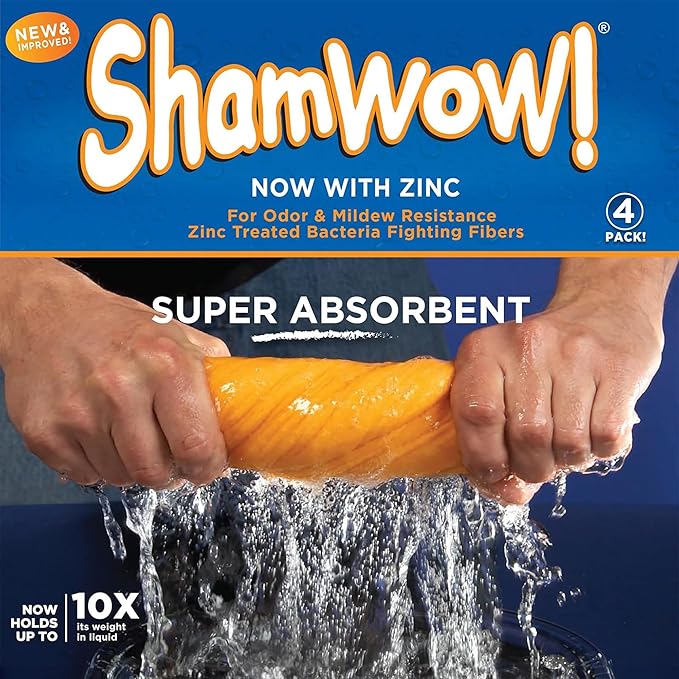 ShamWow Original Super Absorbent Multi-Purpose Cleaning Shammy Chamois Towel Cloth - Holds 10X its Weight in Liquid - Machine Washable - Will Not Scratch (4 Pack, Orange)