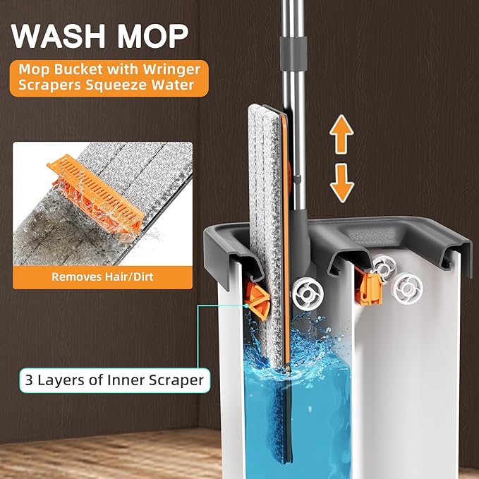 MUEE Mop and Bucket with Wringer Set for Home, Flat Mop and Bucket Set for Floor Cleaning and Window Wall Cleaner, Wet and Dry Mop with Long Handle and 4 Microfiber Pads