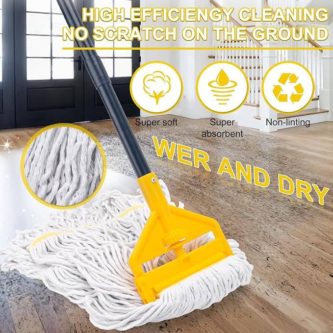 KeFanta 2 Pack Commercial Mop Heavy Duty Industrial Mops,60 inch Long Handle with Looped-End String Cotton Wet Mop Head Replacement for House,Kitchen,Laminate,Tile,Vinyl,Hardwood Floor Cleaning