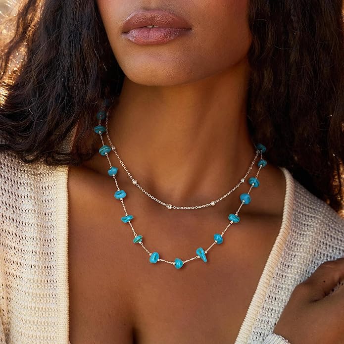 Created Turquoise Necklace for Women 14K Gold Plated Beaded Heart Choker Boho Necklaces Handmade Beach Summer Everyday Western Jewelry Gifts