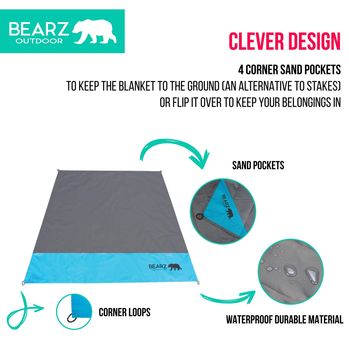 BEARZ Outdoor Pocket Blanket - Beach Blanket Waterproof Sandproof, Picnic Blankets Waterproof Foldable, Lightweight & Compact for Hiking, Camping, Travel, Festival Accessories (Blue)