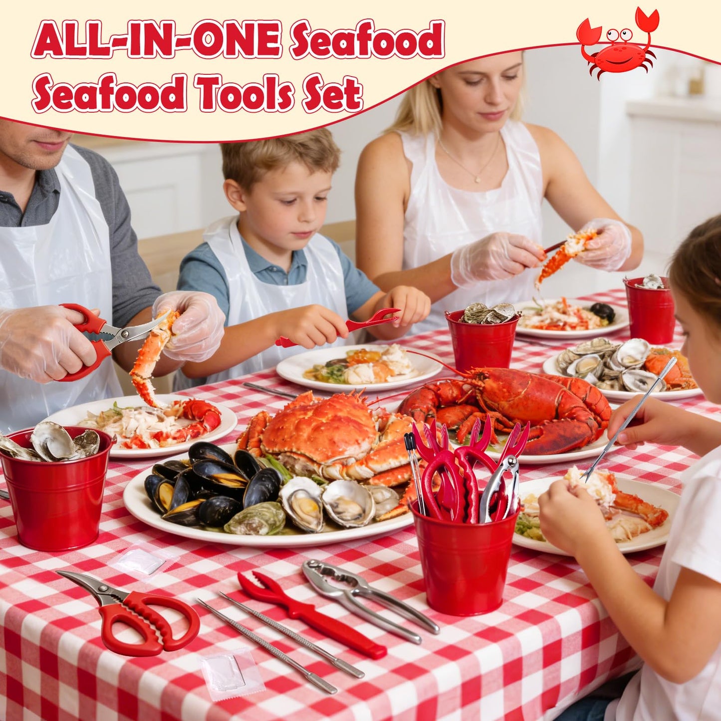 25 Pcs Seafood Tools Set, Crab Crackers and Accessories with Metal Bucket Crab Scissors Shellfish Forks Bibs Gloves and Tablecloth for Seafood Boil Party Supplies Festival Summer BBQ Picnic Birthday