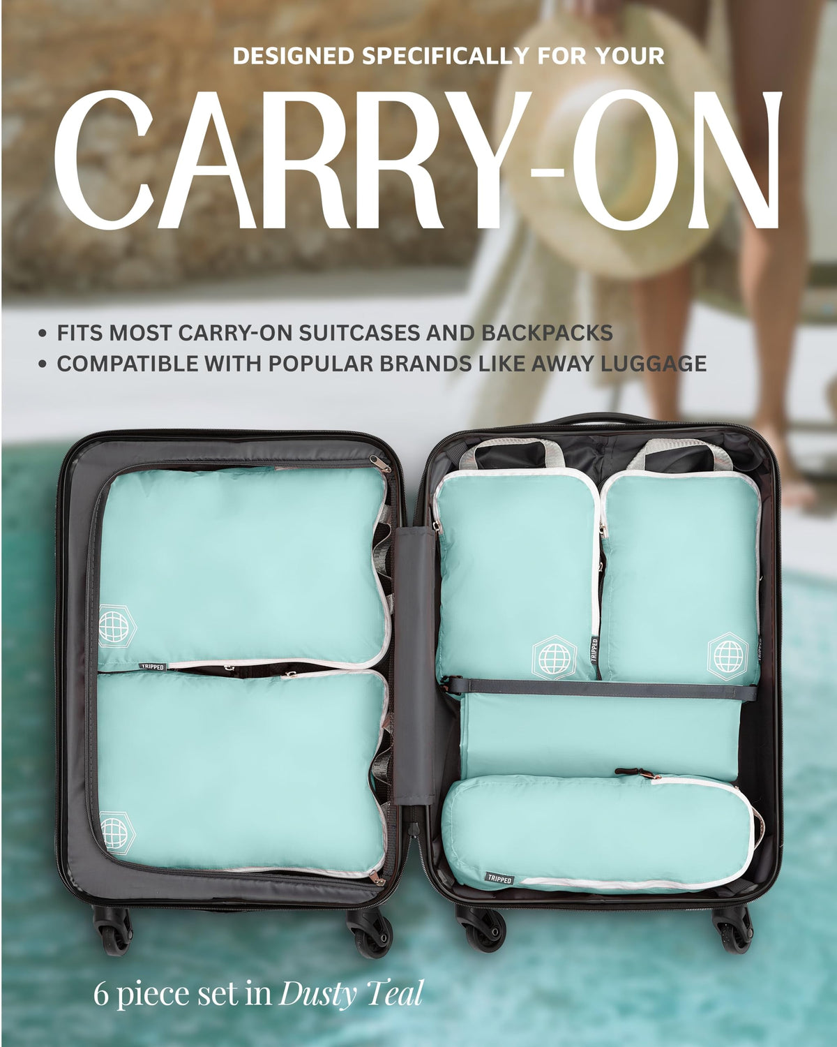 Compression Packing Cubes 6 Piece Set for Travel - Lightweight, Durable Clothes Organizer for Carry-On Luggage and Backpacks by TRIPPED Travel Gear (Dusty Teal and White)