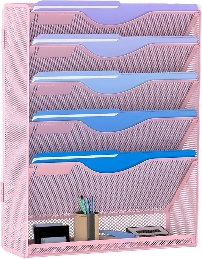 6 Tier Hanging File Organizer, Mesh Wall File Holder Paper Folder Rack with Bottom Flat Tray for Office Home, Pink