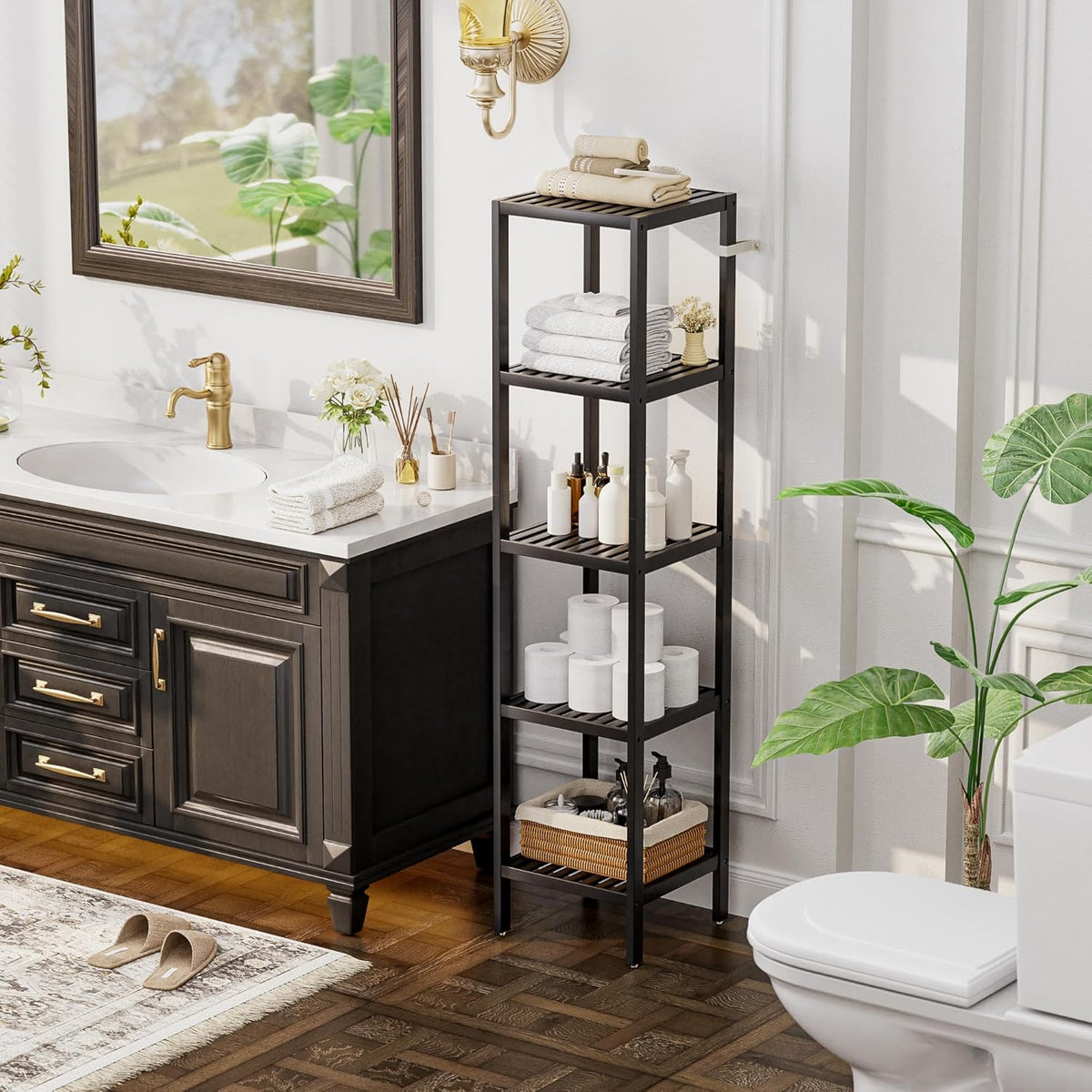 SMIBUY Bathroom Storage Shelf, 5-Tier Bamboo Rack Organizer, Multifunctional Shelving Unit for Living Room Bedroom Kitchen (Black)