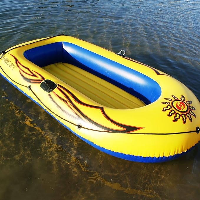SOLSTICE Inflatable Boat Rafts 3 Person for Adults & Kids Comes W/ Oars Paddles Pump Pole Oar Holders Cushioned Comfortable Base Grab Line 8 Ft Size Sunskiff Kits Dinghy Air Floor Yellow