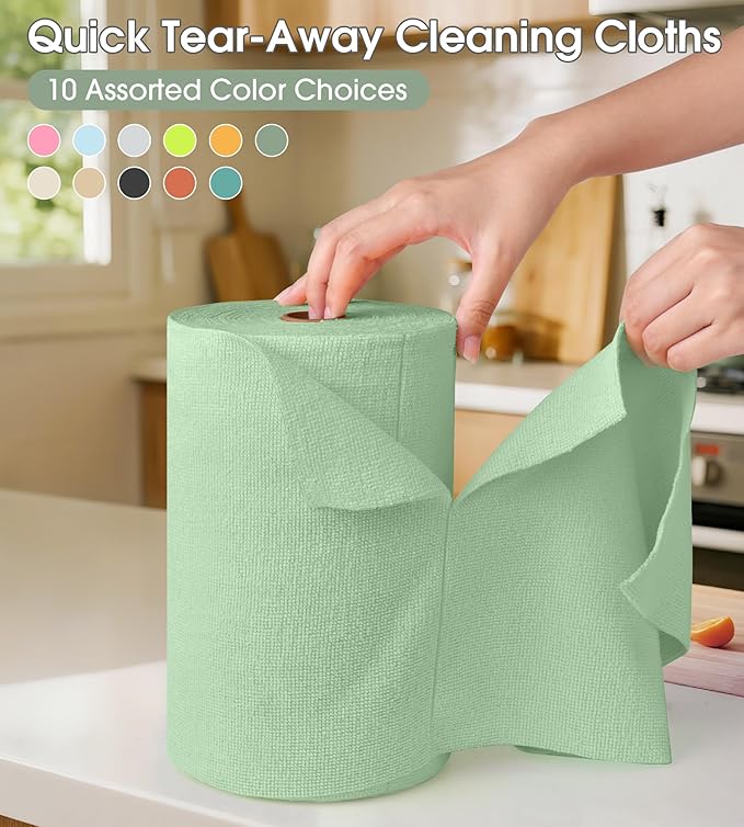 KitchLife Microfiber Cleaning Cloth Roll, 100 Pack - Tear-Away Microfiber Paper Towels, Lint-Free, Reusable, Washable for Kitchen, Car, Dishes, and Sensitive Surfaces (Bean Green)