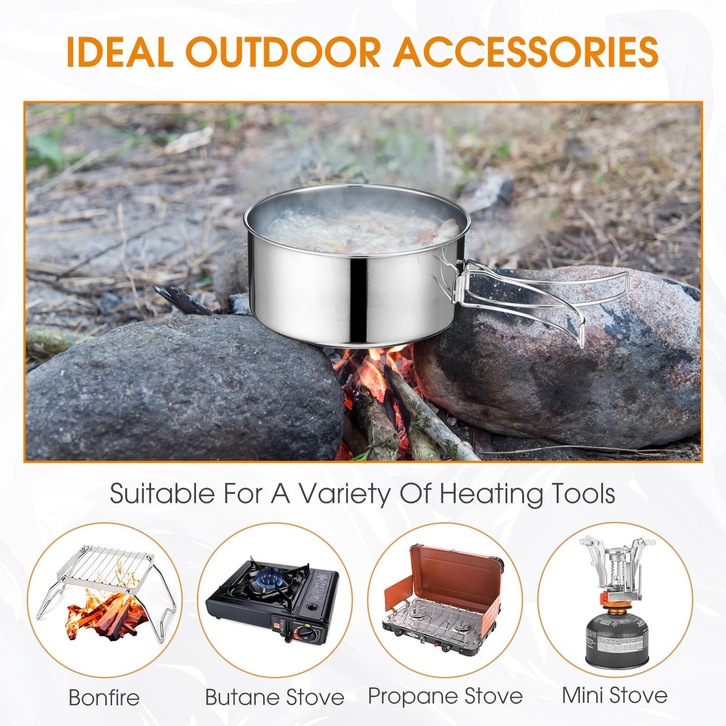 Funnymoom 14 Piece Camp Cooking Set, Stainless Steel Camping Cookware with Pot and Pan Kit 2 Set Stainless Steel Cups Plates Forks Knives Spoons for Camping, Backpacking, Outdoor Cooking and Picnic