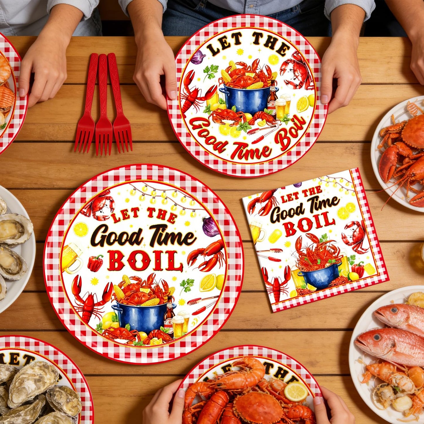 Gameza Seafood Boil Party Supplies - 96PCS Seafood Boil Party Plates and Napkins Forks Tableware Disposable Set, Crawfish Crab Shrimp Summer Birthday Decor Supplies, Serve 24