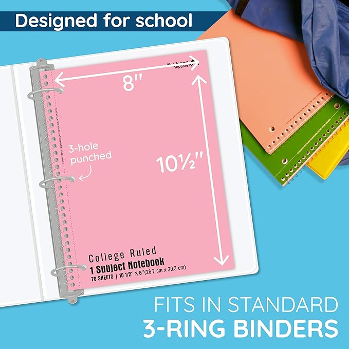 Blue Summit Pastel Spiral Notebook College Ruled, One Subject School Notebooks Spiral, Perforated Notebooks Bulk, 8 x 10.5 School Book, Paper, College Ruled, 12 Pack