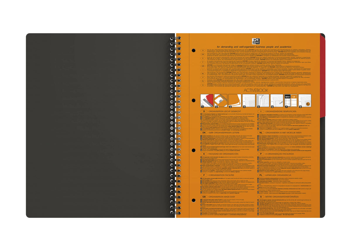 OXFORD 100104329 Activebook International A4 + Checkered with Indexable Index and Document Pocket Gray Spiral Notebook Block - a Smart Organization for Managers and Executives