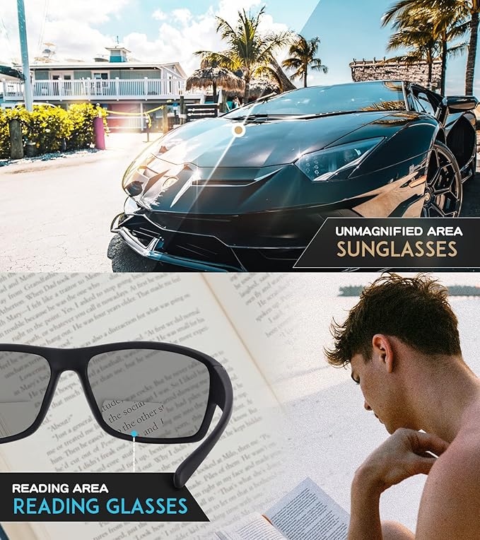 SKYOAK 2 PACK Upgraded Unbreakable Bifocal Reading Sunglasses Men TR90 Frame Wrap Around Design Glasses UV400 Protection Outdoor Sun Reader Sports/Driving (Black & Blue +1.25)