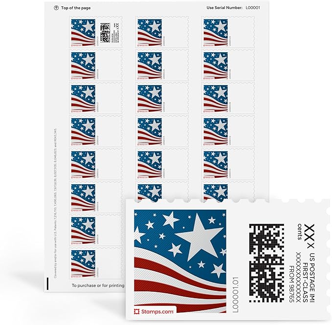 Star Spangled NetStamps 1200-Pack (50 Sheets) Printable Postage Labels (Stamps.com Subscription Required) - Print Approved Postage - Inkjet & Laser Printers - Business, Personal, Home