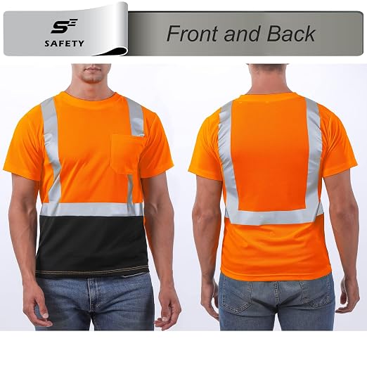 Hi Vis T Shirt Class 3 High Visibility Shirts for Men Safety Shirts with Reflective Strips and Pocket Breathable Construction Work Mesh Short Sleeve Orange-Black