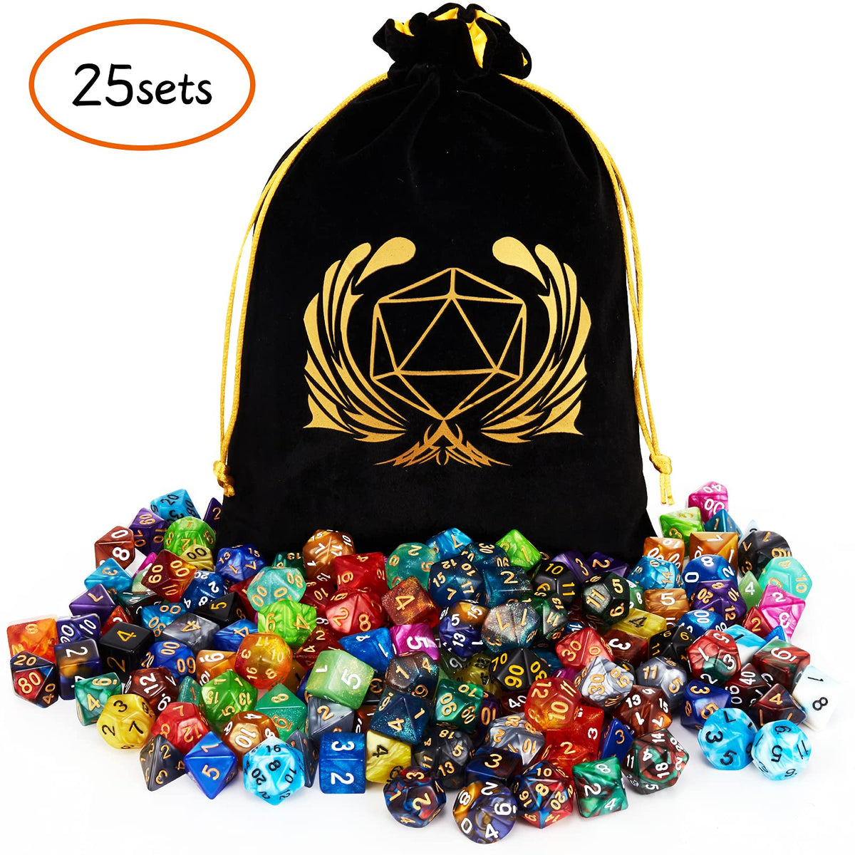 Coyeekn DND Dice Set, 25 x 7 (175 Pieces) Polyhedron Dice 25 Colors Dice for Dungeons and Dragons Tabletop Role-Playing Games with 1 Large Flannel Bag