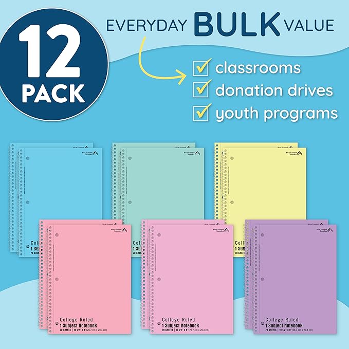 Blue Summit Pastel Spiral Notebook College Ruled, One Subject School Notebooks Spiral, Perforated Notebooks Bulk, 8 x 10.5 School Book, Paper, College Ruled, 12 Pack