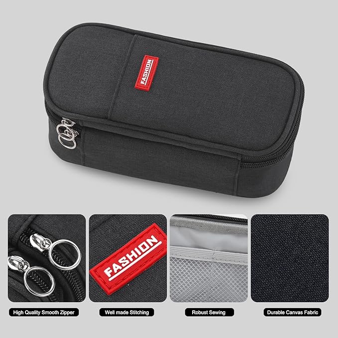 Pencil Case for Boys Kids Teens Adults Big Pencil Bag with Zipper Big Pen Pouch Large Stationery Pen Case Organizer for School Black
