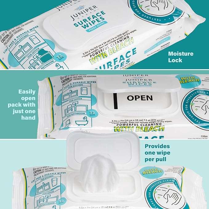 6 Pack Surface Cleaning Wipes with Bleach, All-Purpose Cleaner for Bathroom, Kitchen, Office, 72 Count Soft Flow, Fresh Scent, Lint Free & Durable