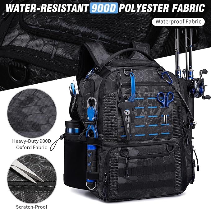 Fishing Tackle Backpack with Tackle Boxes, Two Rod Holders, Bottle Holder, 50L Waterproof Tackle Bag for Fishing Gear, Fish Gifts for Men, Black Camo (4 Tackle Boxes Included
