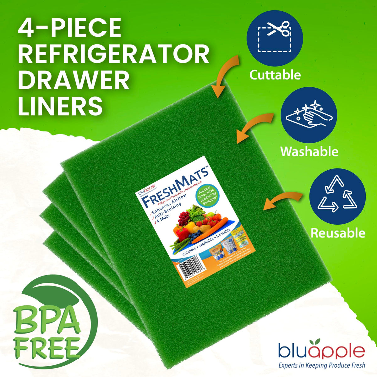 Bluapple FreshMats - Refrigerator Bin Liners, Fridge Drawer Mats - Keeps Produce Fresh Longer, Prevents Bruising, Promotes Air Circulation - BPA-Free Polyurethane Foam - (4-Piece Set, 12"x15", Green)