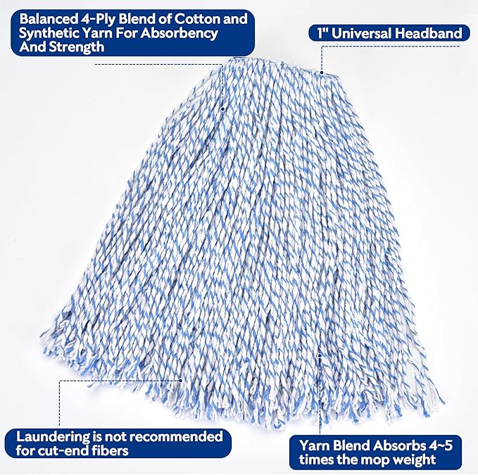 MATTHEW CLEANING Looped-Open Cotton Wet Mop 1.25'' Universal Headband Heavy Duty Commercial Mop Head Replacement for indoor and outdoor Use,Grease Stain Floor Cleaning String Mop Head Refill Pack of 6