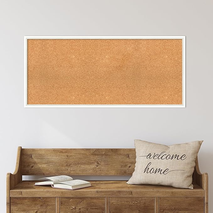 Amanti Art Natural Cork Board for Wall, 19x43 Vision Board with White Frame, Oversize Corkboard Office Decor for Home Organization, Modern Corkboard Pinboard to Display Items for Home Organization in