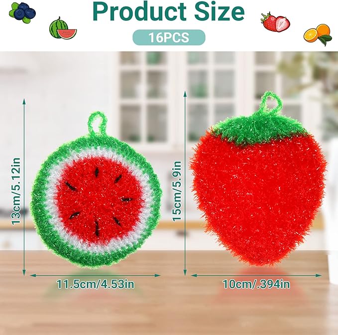 Kenning 16 Pcs Dish Scrubber Non Scratch Dish Washing Scrubbers Reusable Household Cleaning Kitchen Tools for Dishwashing Washing Dishes Cookware Tubs Sinks(Fruit)
