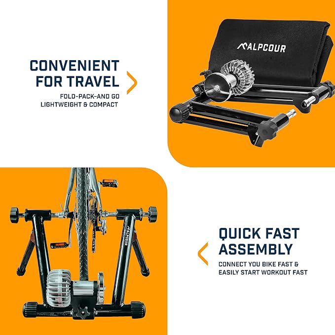Alpcour Fluid Bike Trainer Stand for Indoor Riding – Portable Foldable Stainless Steel Trainer, Noise Reduction, Progressive Resistance, Dual-Lock System – Road & Mountain Bikes' Stationary Exercise