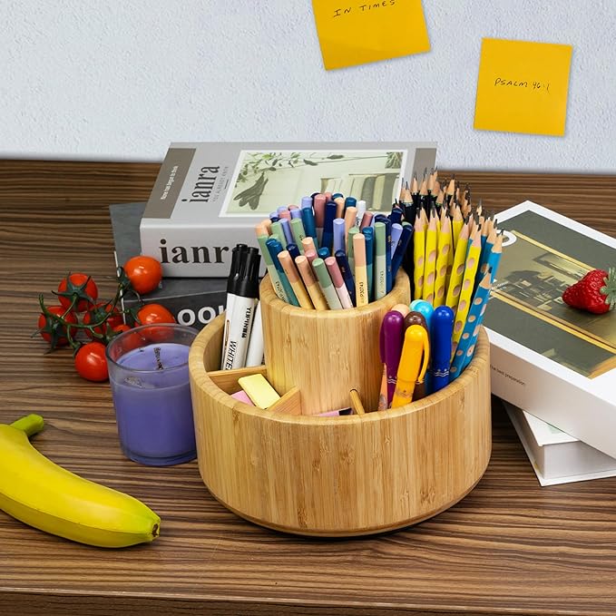 Utoplike Bamboo Rotating Art Supply Desk Organizer, Pencil Holder Organizer, Desktop Storage Caddy for Pen, Colored Pencil, Crayon, Paint Brushes, Art Studio&Office