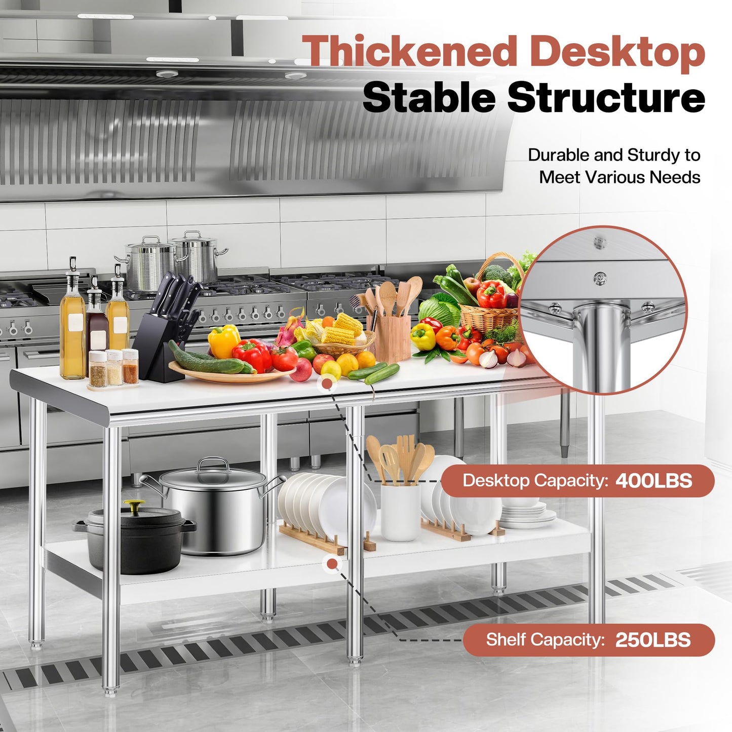 Jocisland 30" x 72" Stainless Steel Table for Prep & Work, Food-Grade Stainless Steel Adjustable Under Shelf and Feet, for Commercial Kitchen, Restaurant, Hotel, Garage