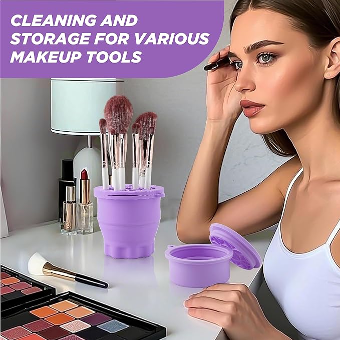 Makeup Brush Cleaner - Foldable Silicone Makeup Brush Cleaner Mat with Brush Storage Holder Makeup Brush Cleaning Bowl Cosmetic Brush Washing Tool for Cleaning Organizer and Drying (Purple)
