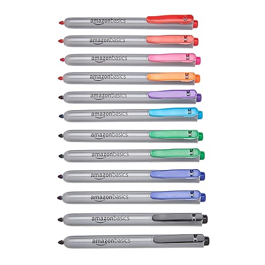 Amazon Basics Retractable Permanent Markers, Versatile Art Supplies for Home, School, and Office Use, 12 Count, Assorted Colors