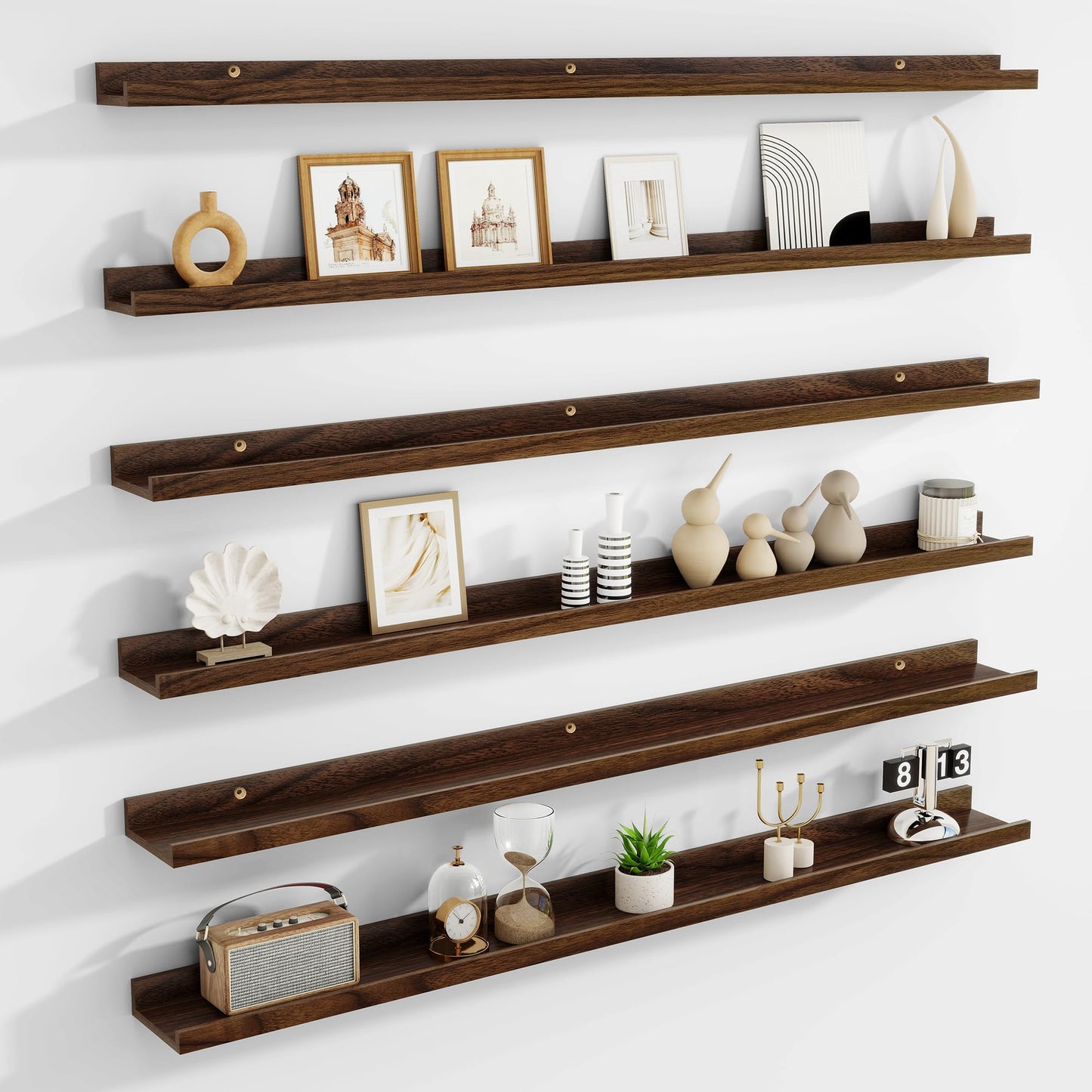 Acovy Picture Ledge Shelf Set of 6, 48 inch Long Large Floating Shelves for Wall with Lip, Wall Mounted Shelves for Living Room, Bedroom, Bathroom, Kitchen, Nursery,Walnut