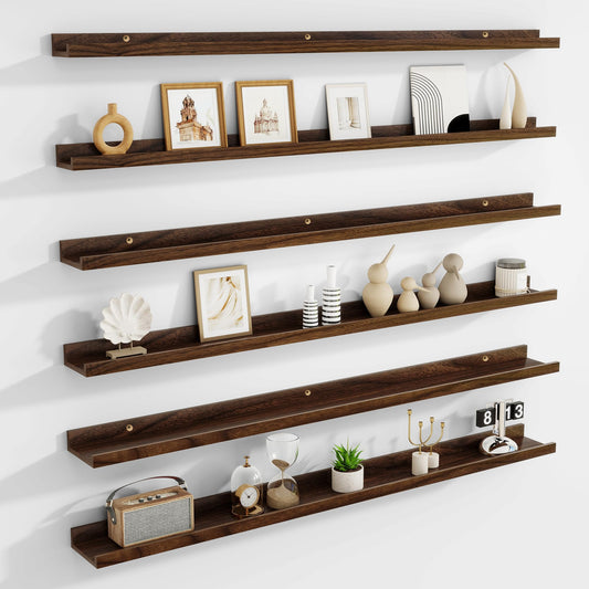 Acovy Picture Ledge Shelf Set of 6, 48 inch Long Large Floating Shelves for Wall with Lip, Wall Mounted Shelves for Living Room, Bedroom, Bathroom, Kitchen, Nursery,Walnut