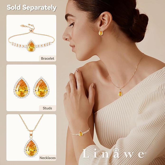 Linawe Crystal Imitation Diamond Rhinestone Charm Bracelets for Women, Gold/Silver/Rose Gold Adjustable Chain Bracelet, Teardrop Birthstone Cubic Zirconia Prom Costume Wedding Jewelry