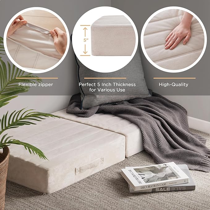 Codi High Density Foam Floor Pillow 2 Sets, Large Meditation Cushions Seating for Adults and Yoga Sitting, Washable Thick Couch Cushion with Soft Tufted Covers - 22 inch Ivory