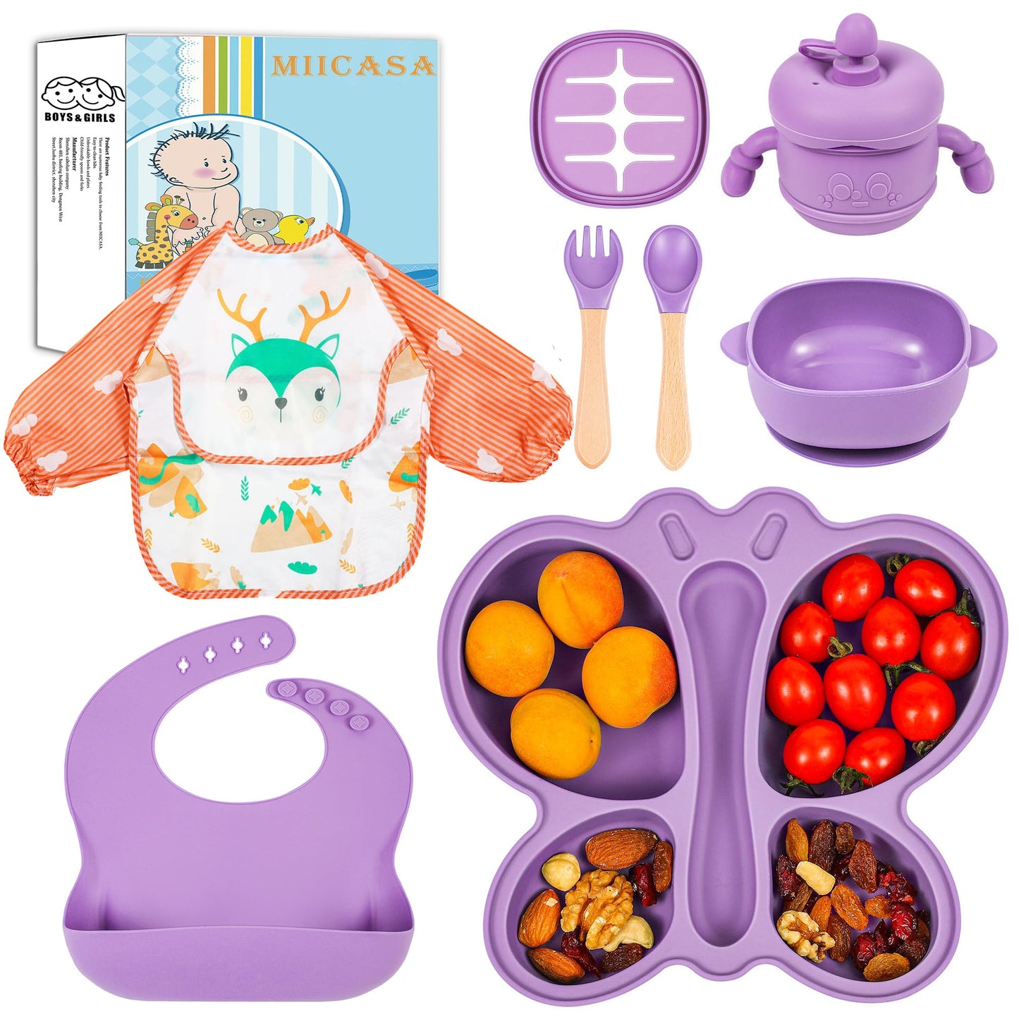 MIICASA Silicone Baby Feeding Set, Baby Led Weaning Supplies, Silicone Suction Butterfly Plate, Bowl, Spoons, Fork and Waterproof Bib & Cloth Bib, Eating Utensils Baby Feeding Essentials (Purple)