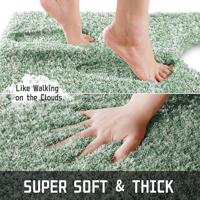 Yimobra Bathroom Rugs Sets 2 Piece, Soft Absorbent Bath Mat and U-Shaped Toilet Rug with Non Slip Backing, Machine Washable, Plush Shaggy Bath Mats for Bathroom, 24"x17"+24"x20", Light Green and White