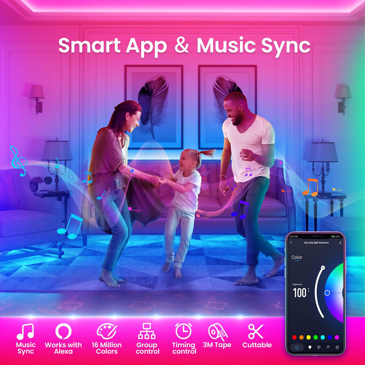 TJOY 200ft Smart Led Strip Lights for Bedroom, Alexa Light Strip,2835 RGB Color Changing Music Sync Rope Lighting with App Remote,Multi-Color Wireless Led Lighting for Bedroom (APP+Remote+Voice)