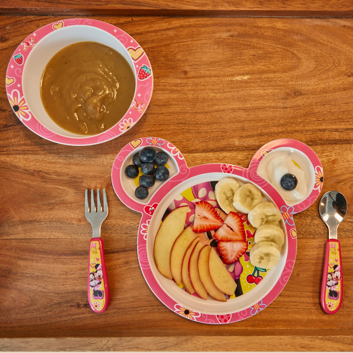 The First Years Disney Minnie Mouse Dinnerware Set - Toddler Plates and Toddler Utensils- 4 Piece Set