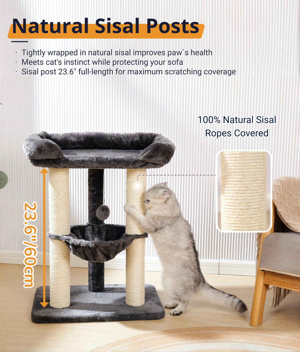 Happi N Pets 28" Cat Tree Tower for Indoor Cats, Tall Cat Scratching Post with Large Bed for Maine Coon Big Cats, Sisal Cat Scratcher with Soft Perch & Hammock, Stable Cat Stand, Removable Cover-Gray