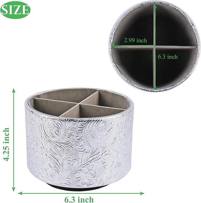 lizimandu Round Leather Art Supply Organizer,Remote Control Holder,360 Degree Spinning,Multi-Functional Pencil Holder,4 Compartments Desktop Stationary Organizer(1-Carved Silver)