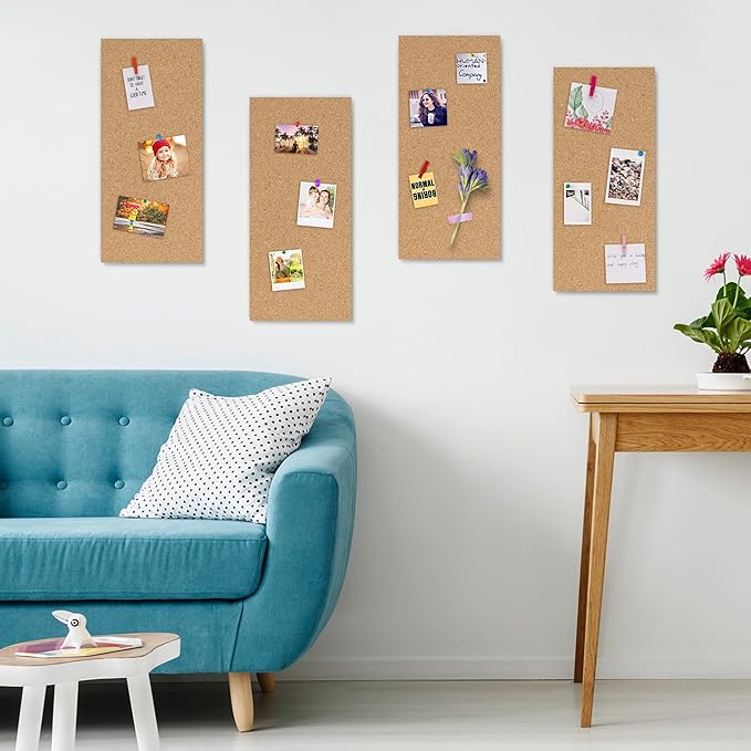 AKTOP Cork Board Bulletin Board 17"x8", 1/2" Thick Cork Board Tiles 10 Pack, Small Pin Board for Wall Decor, Self Adhesive Corkboards with 120 Push Pin Wood Clips for School, Home & Office