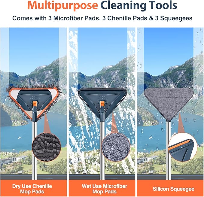 85 Inch Wall Cleaner with Long Handle, 360° Rotatable Wall Mop, Wall Washer Cleaner Tool for Walls/Ceiling Fans/Dust/Baseboard/Floors Clean, 6 Replacement Pads and 3 Silicon Squeegee Scraper Strips
