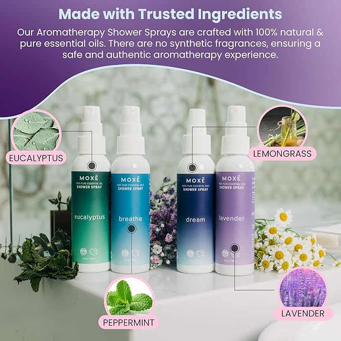 MOXE Aromatherapy Shower Mist Variety Pack, Eucalyptus, Lavender, Breathe and Dream, Spa Steam Spray, Natural 100% Essential Oils, Made in USA, Aromatherapy, Sinus Congestion Relief, 4 Pack (8oz)