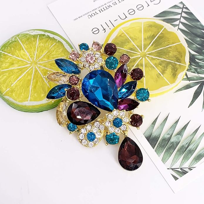 LAXPICOL Vintage Wedding Bridal Big Blue Crystal Rhinestone Tear drop Brooch Pin for Women